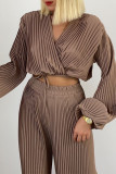 Khaki Sweet Solid Patchwork Frenulum Pleated V Neck Long Sleeve Two Pieces