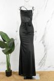 Black Sexy Casual Solid Frenulum Backless Spaghetti Strap Long Dress Dresses