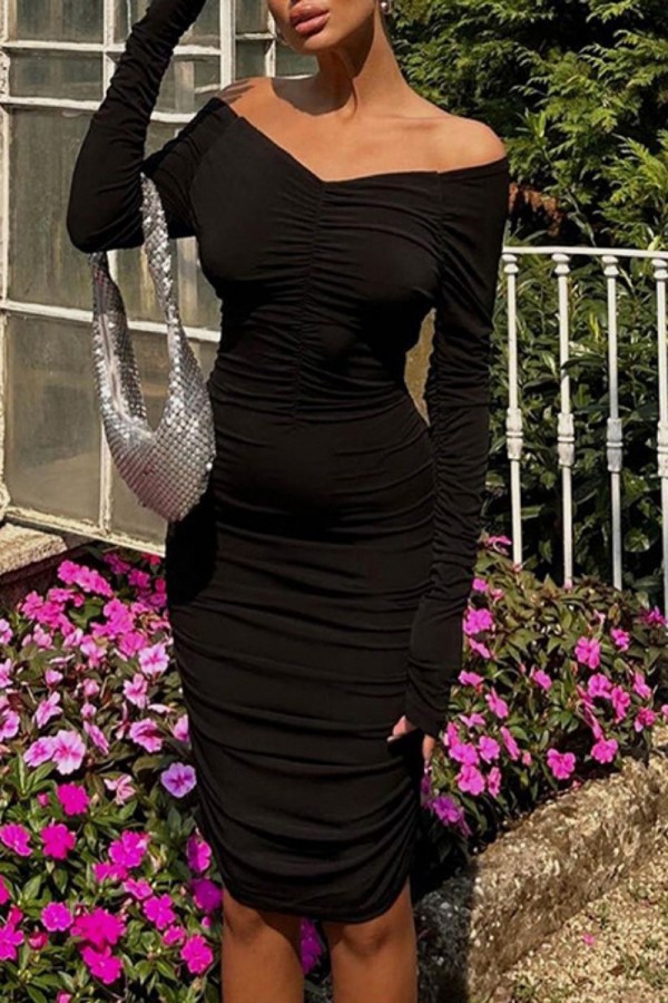 Black Sexy Casual Solid Backless Off the Shoulder Long Sleeve Dresses