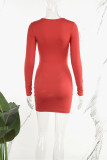 Red Casual Solid Hollowed Out O Neck Long Sleeve Dresses