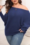 Blue Casual Solid Basic O Neck Plus Size Tops
