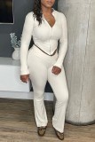 White Casual Solid Asymmetrical Zipper Collar Long Sleeve Two Pieces