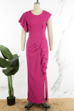Rose Red Sexy Solid Patchwork Flounce Slit O Neck Long Dress Dresses
