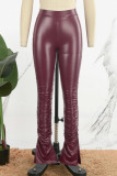 Burgundy Casual Solid Slit Fold Skinny High Waist Conventional Solid Color Trousers