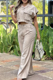 Apricot Sweet Solid Patchwork Pocket Buttons Zipper Shirt Collar Short Sleeve Two Pieces