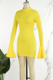 Yellow Casual Solid Patchwork O Neck Wrapped Skirt Dresses