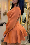 Orange Casual Solid Backless O Neck Long Sleeve Dresses