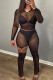 Black Street Solid Patchwork See-through Metal Accessories Decoration Mesh O Neck Long Sleeve Two Pieces