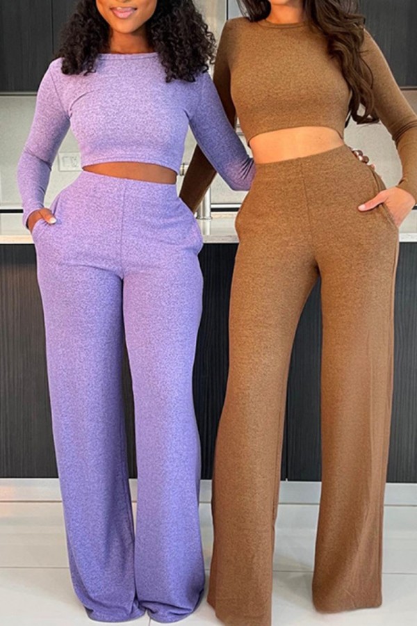 Purple Casual Solid Basic O Neck Long Sleeve Two Pieces