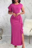 Rose Red Sexy Solid Patchwork Flounce Slit O Neck Long Dress Dresses