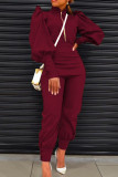 Rose Red Casual Solid Patchwork Buttons Zipper Half A Turtleneck Long Sleeve Two Pieces