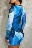 Blue Casual Print Basic O Neck Long Sleeve Dresses