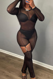 Black Street Solid Patchwork See-through Metal Accessories Decoration Mesh O Neck Long Sleeve Two Pieces