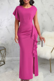 Rose Red Sexy Solid Patchwork Flounce Slit O Neck Long Dress Dresses
