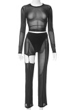 Black Street Solid Patchwork See-through Metal Accessories Decoration Mesh O Neck Long Sleeve Two Pieces
