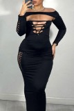 Black Sexy Solid Hollowed Out O Neck Long Dress Dresses
