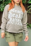 Grey Casual Letter Print Basic Hooded Collar Tops