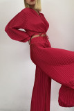 Rose Red Sweet Solid Patchwork Frenulum Pleated V Neck Long Sleeve Two Pieces