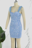 Sky Blue Sexy Patchwork Sequins Feathers Backless Spaghetti Strap Sleeveless Dress Dresses