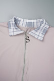 Grey Casual Plaid Patchwork Zipper Turndown Collar Skinny Jumpsuits