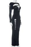 Black Sexy Solid Hollowed Out O Neck Long Dress Dresses
