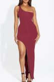 Burgundy Casual Solid Patchwork Backless High Opening One Shoulder Long Dress Dresses