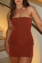 Dark Brown Sexy Casual Solid Backless Strapless Sleeveless Two Pieces