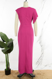 Rose Red Sexy Solid Patchwork Flounce Slit O Neck Long Dress Dresses