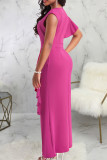 Rose Red Sexy Solid Patchwork Flounce Slit O Neck Long Dress Dresses