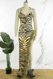 Leopard Print Sexy Print Bandage Backless Slit Halter Sleeveless Dress Dresses