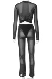 Black Street Solid Patchwork See-through Metal Accessories Decoration Mesh O Neck Long Sleeve Two Pieces