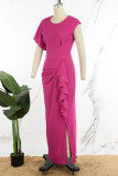 Rose Red Sexy Solid Patchwork Flounce Slit O Neck Long Dress Dresses