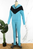 Cyan Casual Patchwork Contrast Hooded Collar Long Sleeve Two Pieces