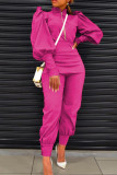 Rose Red Casual Solid Patchwork Buttons Zipper Half A Turtleneck Long Sleeve Two Pieces
