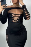 Black Sexy Solid Hollowed Out O Neck Long Dress Dresses