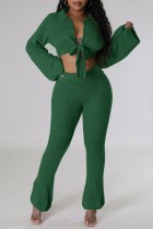 Green Casual Solid Frenulum Turndown Collar Long Sleeve Two Pieces