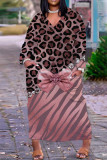 Pink Casual Print Patchwork V Neck Long Sleeve Dresses
