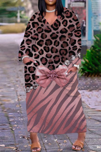 Deep Pink Casual Print Patchwork V Neck Long Sleeve Dresses