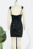 Black Sexy Patchwork Sequins Feathers Backless Spaghetti Strap Sleeveless Dress Dresses
