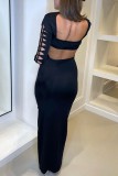 Black Sexy Solid Hollowed Out O Neck Long Dress Dresses