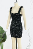 Black Sexy Patchwork Sequins Feathers Backless Spaghetti Strap Sleeveless Dress Dresses