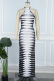 Black Casual Print Slit Half A Turtleneck Long Dress Dresses