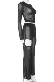 Black Street Solid Patchwork See-through Metal Accessories Decoration Mesh O Neck Long Sleeve Two Pieces
