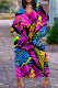 Rose Purple Casual Print Patchwork V Neck Long Sleeve Dresses