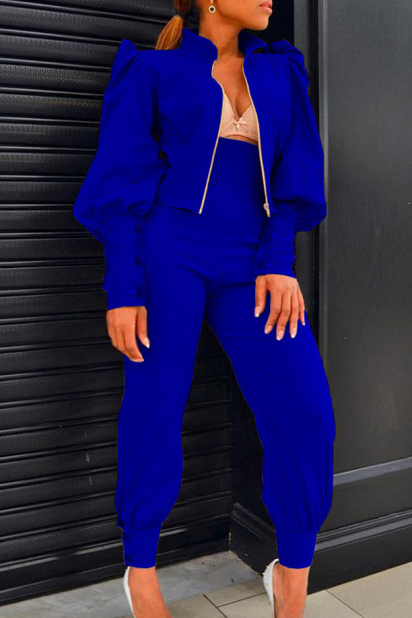 Blue Casual Solid Patchwork Buttons Zipper Half A Turtleneck Long Sleeve Two Pieces