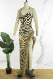 Leopard Print Sexy Print Bandage Backless Slit Halter Sleeveless Dress Dresses