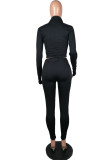 Black Sportswear Solid Patchwork Zipper Collar Long Sleeve Two Pieces
