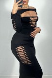 Black Sexy Solid Hollowed Out O Neck Long Dress Dresses