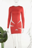 Red Casual Solid Hollowed Out O Neck Long Sleeve Dresses