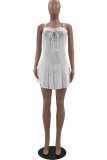 White Sexy Casual Solid Frenulum Backless Spaghetti Strap Sleeveless Skinny Denim Dresses